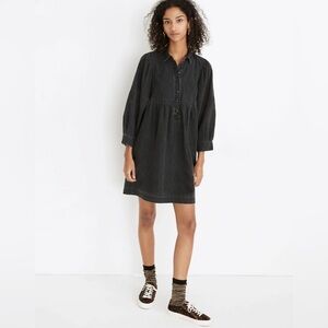 MADEWELL Denim Babydoll Shirtdress Mini Puff-Sleeve in Washed Black